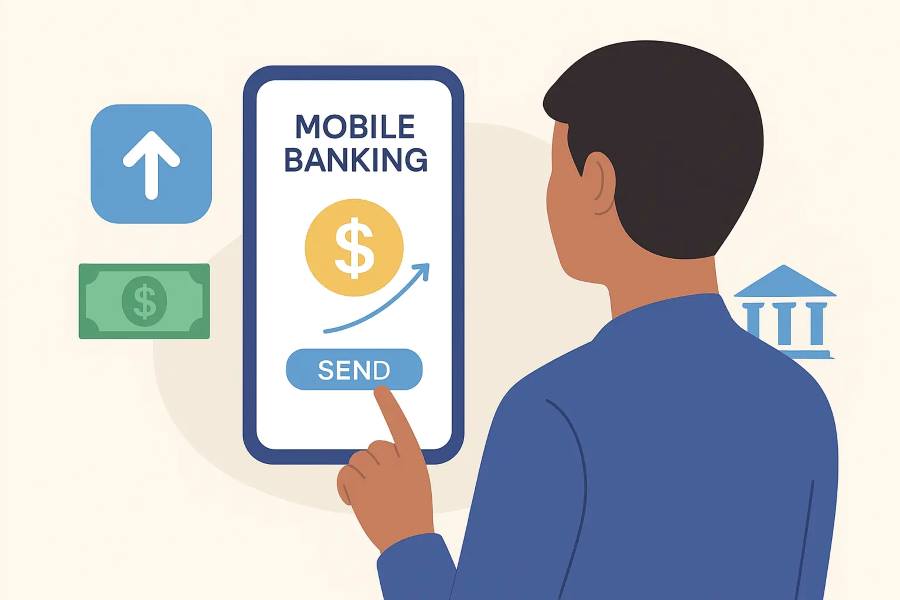 A person sending money through a mobile banking app