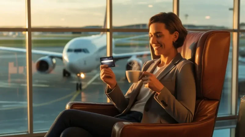 Traveler using a premium travel credit card in an airport lounge before flight